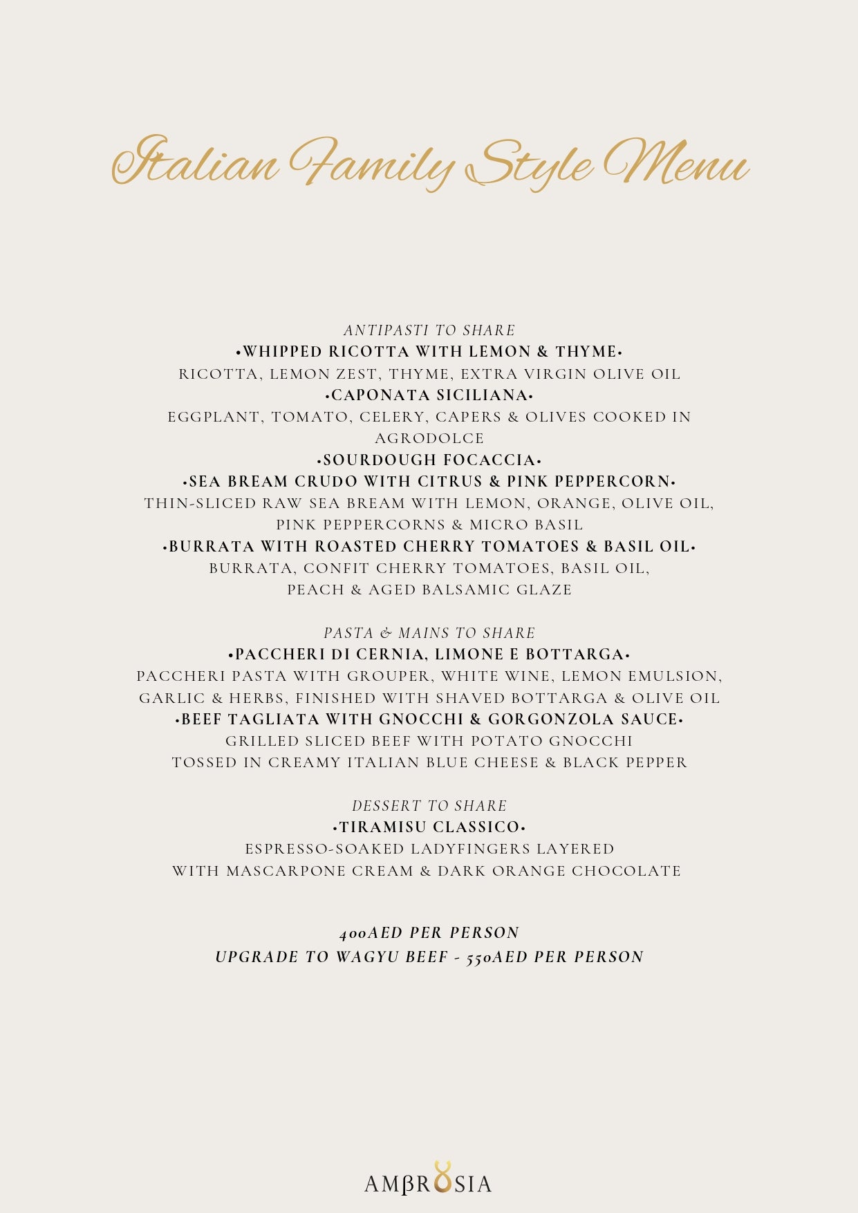 Italian Family Style Menu by Ambrosia