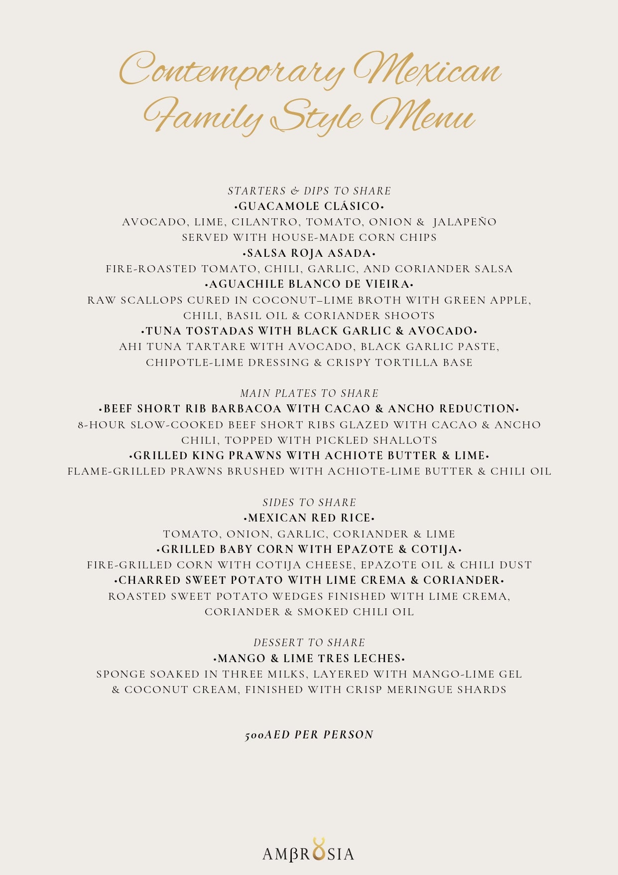 Contemporary Mexican Family Style Menu by Ambrosia