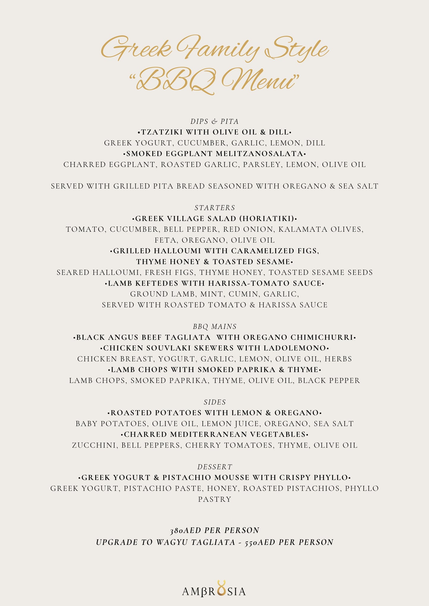Greek Family Style BBQ Menu by Ambrosia